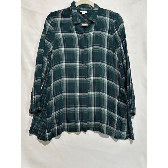 J.Jill Rayon Green Plaid Tunic Button top Pockets womens petite S cowgirl boho - Picture 2 of 10